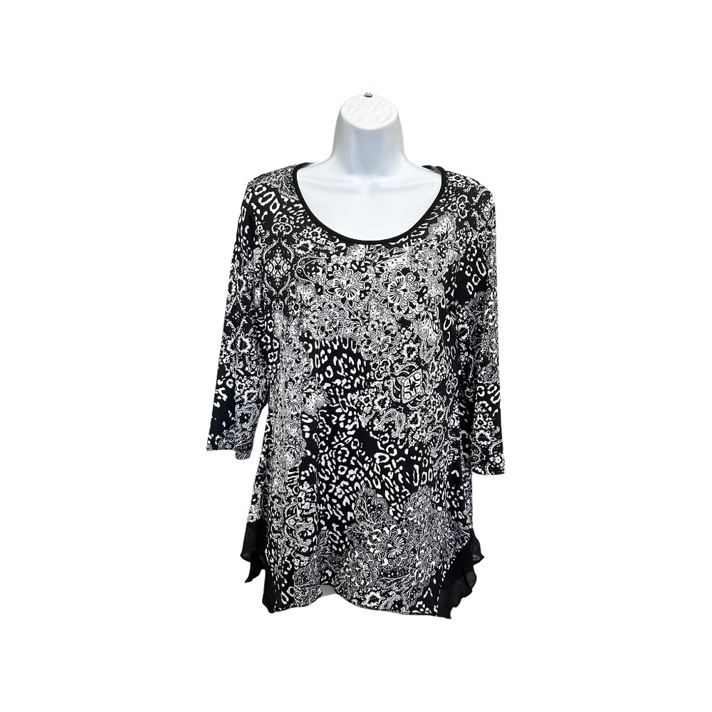 Nygard Black & White Animal Floral Tunic Top - Stretchy Sharkbite Hem Size S